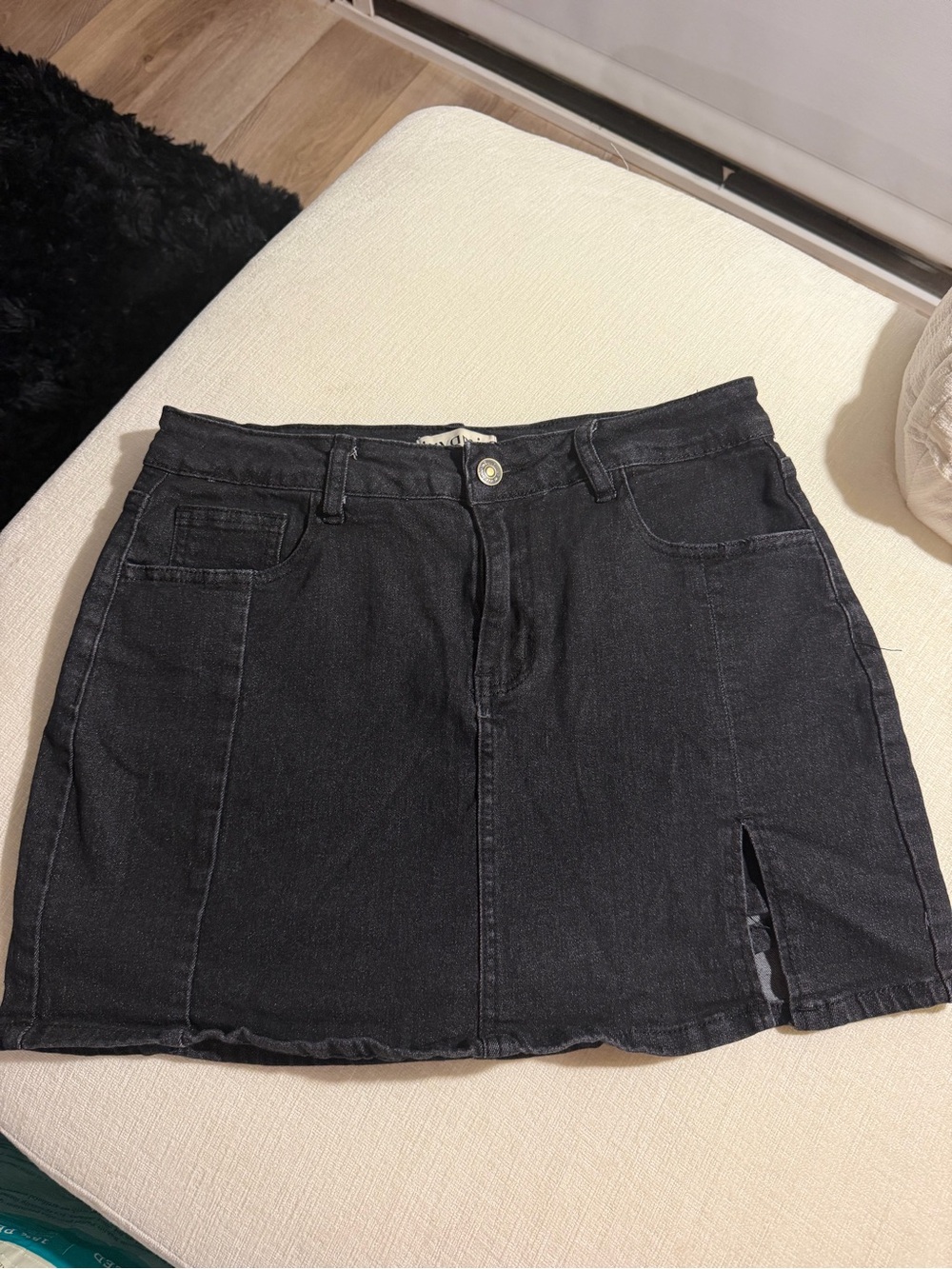 Black Denim Mini Skirt with Front Slit